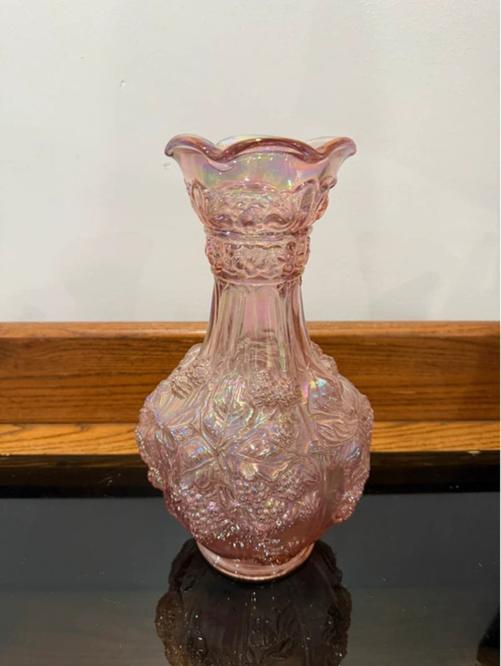 Vintage Imperial Glass Pink Iridescent Carnival Glass Grape Vine Ruffled Vase